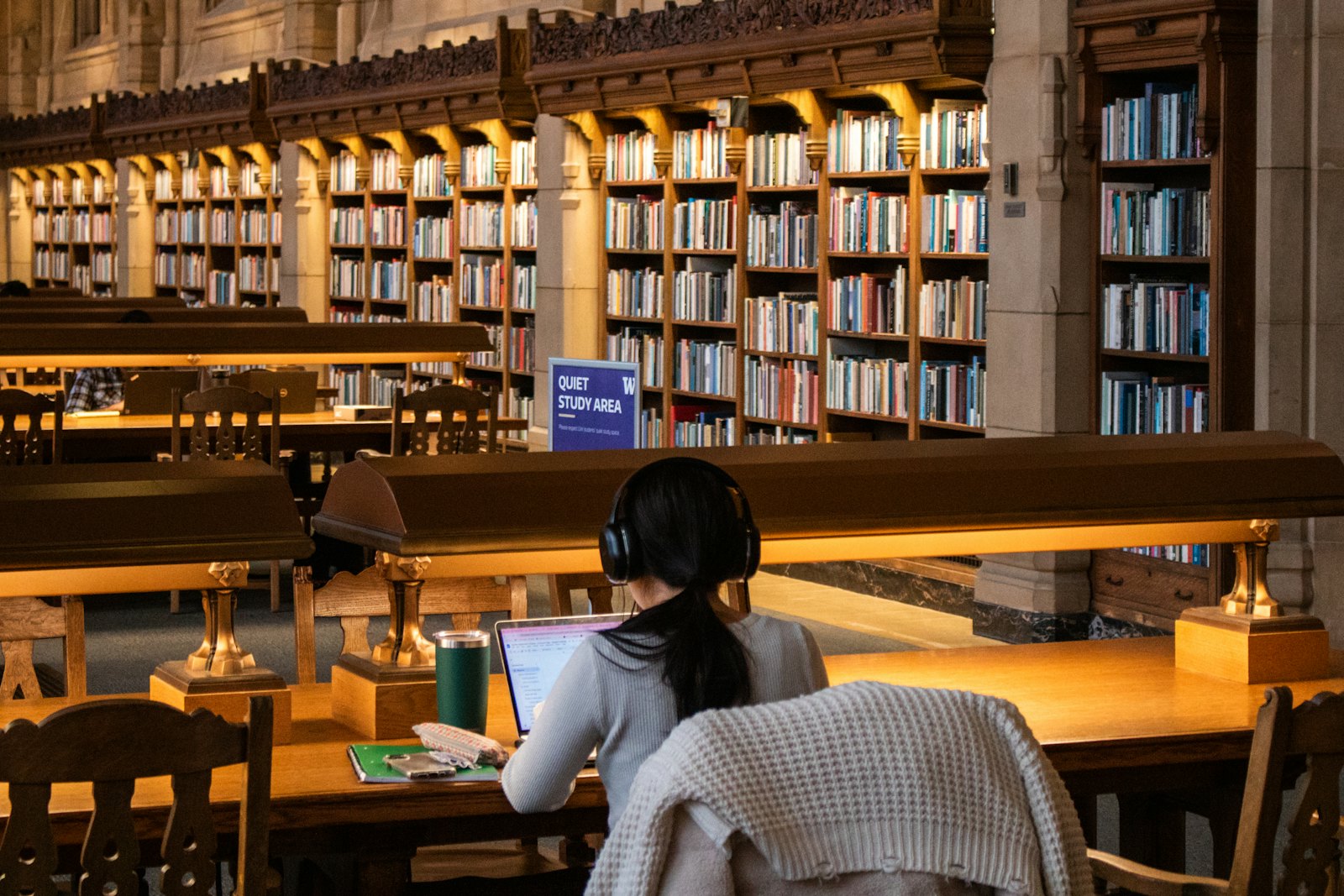在图书馆认真学习的留学生，代表加拿大留学生活